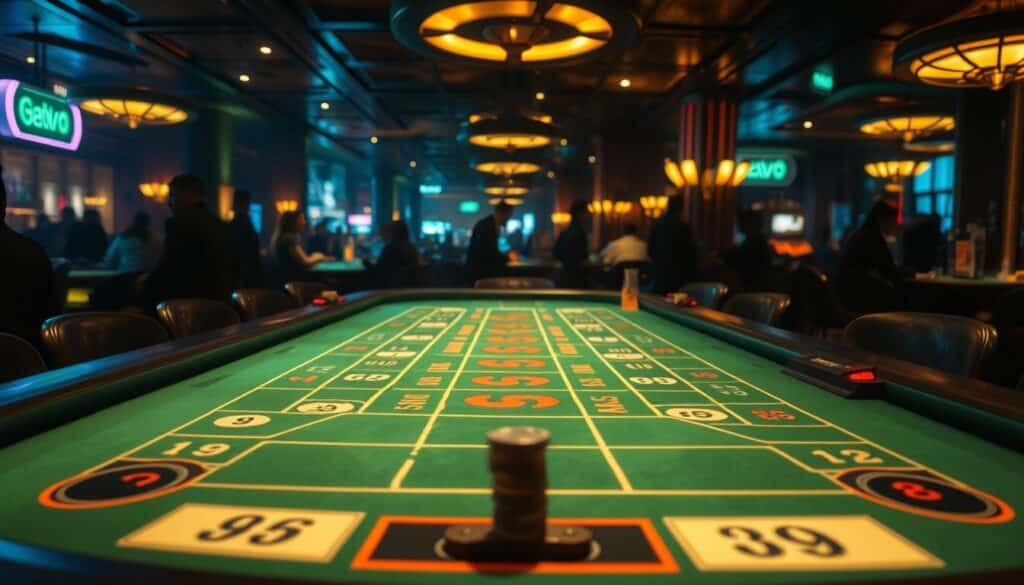 A dimly lit casino interior, the warm glow of green felt tables casting a soft light across the scene. In the foreground, a baccarat table, its elegant layout of numbered positions and betting areas inviting the player to explore the strategic nuances of the game. The background is filled with the hushed murmurs of patrons, the gentle clink of chips, and the occasional celebratory cheer. The atmosphere is one of anticipation and concentration, as seasoned players study the table, seeking to uncover the hidden patterns and probabilities that could lead to a winning hand. The camera angle is slightly elevated, offering a comprehensive view of the table's mechanics and the hustle and bustle of the casino floor beyond.