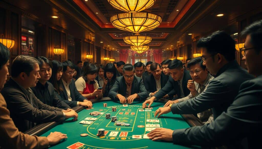 A dimly lit casino interior, the warm glow of table lamps casting an inviting ambiance. In the center, a green felt Baccarat table, surrounded by a crowd of engaged players, their faces alight with anticipation. The dealer expertly shuffles the cards, the rhythmic sound of chips being stacked and bet. Around the table, a mix of seasoned veterans and curious newcomers, all drawn to the allure of this classic game. The atmosphere is electric, a blend of excitement and camaraderie, as players lean in, their eyes fixed on the unfolding hands. The scene captures the essence of why Baccarat has become a beloved pastime among Taiwanese players – the thrill of the game, the social interaction, and the promise of potential winnings, all converging in this vibrant, immersive casino setting.