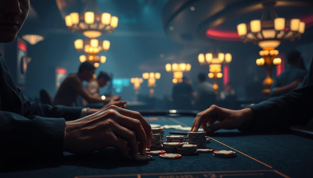 A dimly lit casino interior, the warm glow of table lamps casting shadows across the felt-covered surfaces. In the foreground, a player's hands deftly manipulate chips, their eyes intently focused on the cards as they execute a carefully calculated strategy. The background is hazy, with the faint outlines of other players and the shuffling of cards creating a sense of hushed intensity. The lighting is dramatic, creating a moody, atmospheric scene that captures the thrill and tension of an online baccarat game. The overall composition conveys the skill, precision, and strategic thinking required to excel at this classic casino game.