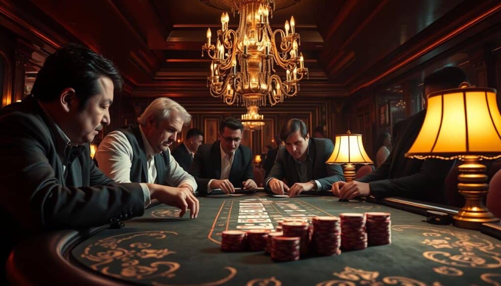 A dimly lit casino interior, the warm glow of table lamps illuminating the felt-covered baccarat table. Intricate patterns adorn the table's edge, as stacks of casino chips in various denominations stand ready. The dealer's hands deftly shuffle the deck, anticipation building amongst the players leaning in, expressions intense as they study the cards and contemplate their next move. Overhead, a grand chandelier casts a subtle, theatrical light, heightening the atmosphere of strategic gameplay. The scene is one of calculated risk and potential fortune, the ultimate challenge of predicting the baccarat game's outcome.