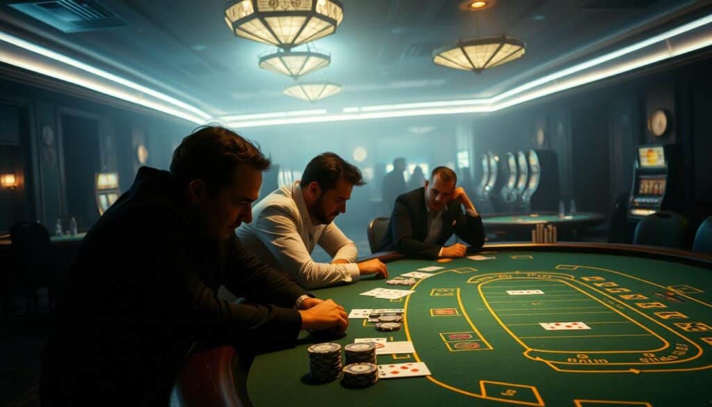 A dimly lit casino interior, with a baccarat table as the focal point. The green felt surface is dotted with chips, playing cards, and the subtle glint of gold trim. In the foreground, a group of players lean intently over the table, their expressions a mix of concentration and anticipation. The background is hazy, with the faint silhouettes of other gaming tables and the occasional flicker of slot machines. Dramatic side lighting casts dramatic shadows, emphasizing the high-stakes tension of the scene. The overall atmosphere is one of psychological intensity, where the thrill of the game mingles with the underlying psychology of the players.