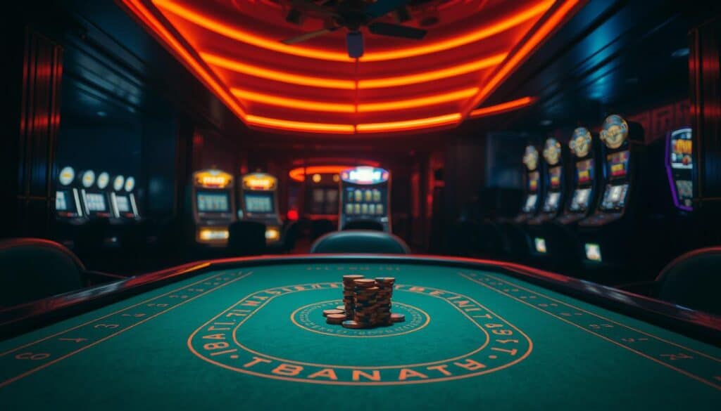 A dimly lit casino interior, with a baccarat table as the focal point. The table is adorned with green felt, and a small pile of casino chips sits in the center. The lighting is warm and atmospheric, casting a soft glow over the scene. In the background, a row of slot machines can be seen, their lights blinking and flashing. The overall mood is one of quiet contemplation, as the player carefully considers their next move, seeking to maximize their chances of winning at the baccarat game.