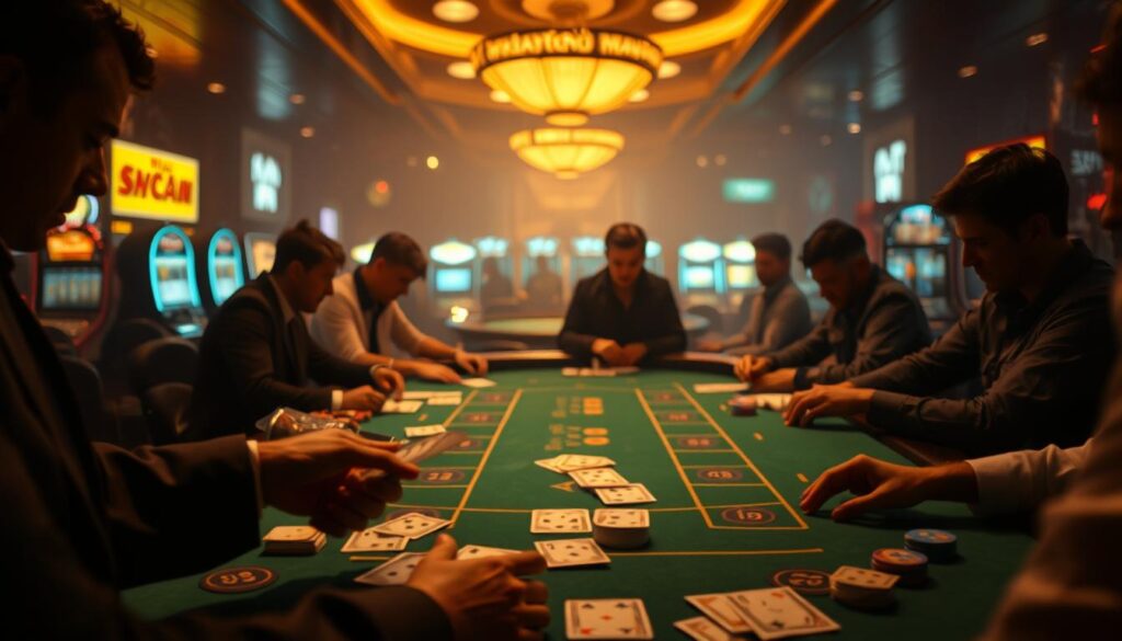 A dimly lit casino interior, with a baccarat table at the center, surrounded by players intently studying their cards and betting chips. The table is illuminated by soft, warm lighting, casting a golden glow across the green felt surface. In the foreground, a dealer's hands are expertly dealing the cards, their movements precise and practiced. Behind the table, the background is blurred, with the faint outlines of slot machines and other gaming tables visible. The atmosphere is one of focused intensity, as the players carefully consider their strategies and attempt to outmaneuver the house.