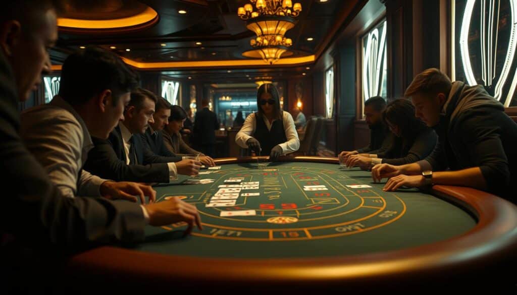A dimly lit casino interior, with a baccarat table at the center. Soft, warm lighting casts a mellow glow, creating an air of sophistication. On the table, cards are dealt by a croupier, their movements precise and deliberate. Players lean in, eyes fixed on the unfolding game, their expressions a blend of concentration and anticipation. In the background, the faint sounds of clinking glasses and murmured conversation create an atmosphere of exclusivity. The camera angle is slightly elevated, giving a sense of observation, as if the viewer is privy to the inner workings of this high-stakes world of baccarat.