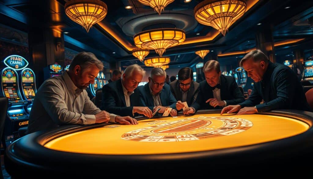 A dimly lit casino interior, with a baccarat table in the foreground illuminated by soft, warm lighting. The table surface reflects the gentle glow, creating an inviting atmosphere. Around the table, a group of experienced players lean in, faces focused, as they meticulously analyze the cards and make strategic decisions. In the background, the faint sounds of slot machines and muted conversations create a sense of hushed intensity. The composition emphasizes the concentration and decision-making process of the players, capturing the essence of the "case study and experience sharing" section of the article.