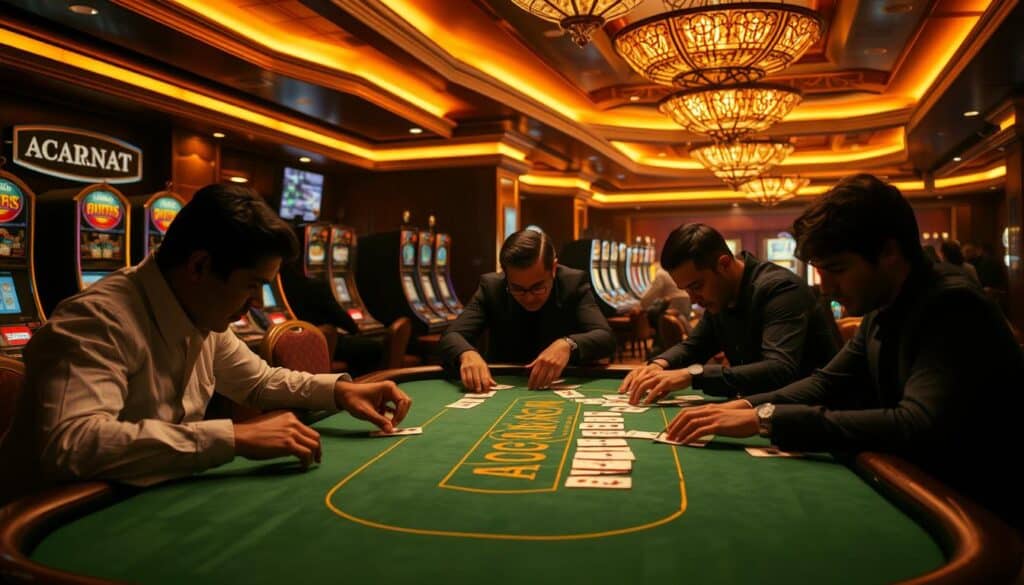 A dimly lit casino interior, with a baccarat table in the foreground. The table is adorned with green felt, and a dealer stands behind it, dealing cards to players seated around the table. The players lean in, studying their cards intently, their faces partially obscured by shadows. Warm, golden lighting casts a soft glow on the scene, creating an atmosphere of concentration and anticipation. In the background, a row of slot machines and other gaming tables can be seen, hinting at the bustling energy of the casino. The overall mood is one of strategic focus, as the players apply their baccarat techniques and strategies to try and win.