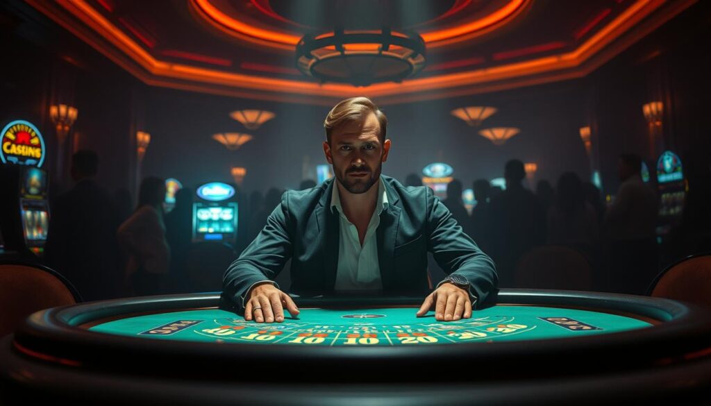A dimly lit casino interior, with a center stage showcasing a confident player at a baccarat table. The player's face is illuminated by the soft glow of the green felt, their expression one of intense focus and determination. Behind them, a crowd of onlookers, captivated by the player's skillful movements and the thrill of the game. The background is hazy, with the faint outlines of slot machines and other gaming tables, creating a sense of an immersive and thriving casino atmosphere. The lighting is warm and atmospheric, casting dramatic shadows and highlighting the player's triumphant moment. A sense of success and accomplishment permeates the scene, reflecting the "成功玩家故事" theme.