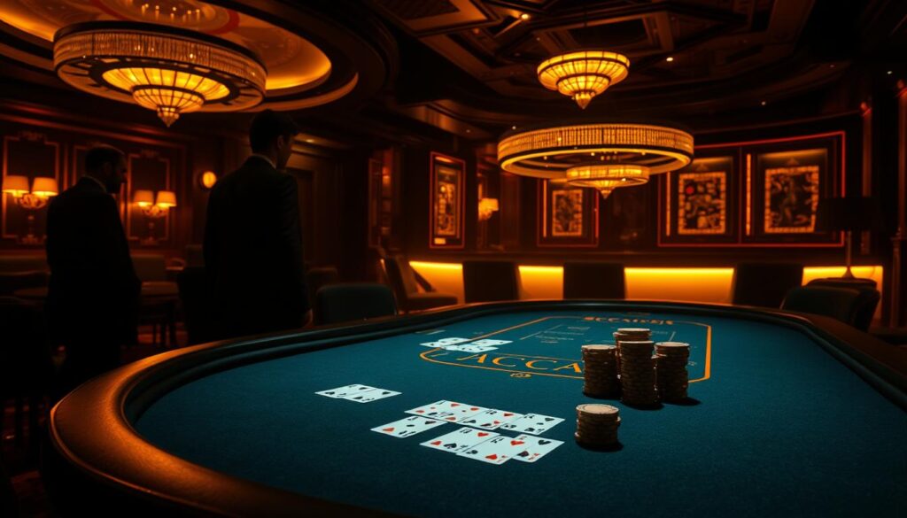 A dimly lit casino interior, with a central baccarat table illuminated by warm, golden lighting. On the table, playing cards and casino chips are artfully arranged, hinting at the game's complexities. In the background, shadowy figures observe the table, representing the common misconceptions and myths surrounding baccarat. The atmosphere is one of intrigue and quiet contemplation, inviting the viewer to delve deeper into the realities of this captivating game.