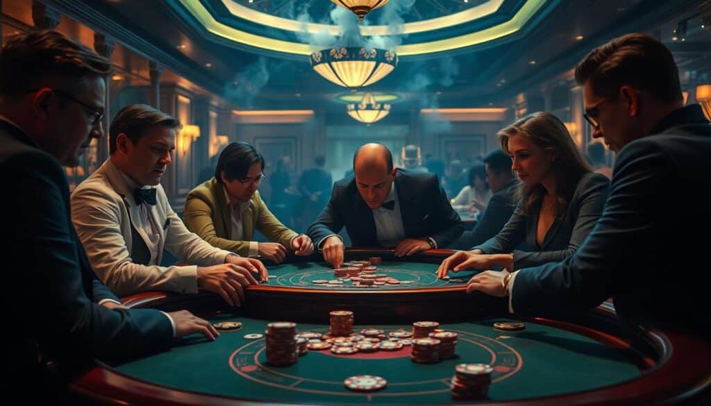 A dimly lit casino interior, with a central table showcasing a vibrant game of baccarat. Elegant players gathered around, deep in thought as they carefully consider their moves. The table is adorned with luxurious details - carved wooden edges, green felt, and gleaming chips. Soft, warm lighting bathes the scene, creating an atmospheric ambiance. In the background, a subtle haze of cigarette smoke and the muted chatter of other tables hint at the bustling energy of the casino. The players' faces are focused, their expressions conveying the weight of their decisions as they ponder the factors that will determine their success in this thrilling game of chance.