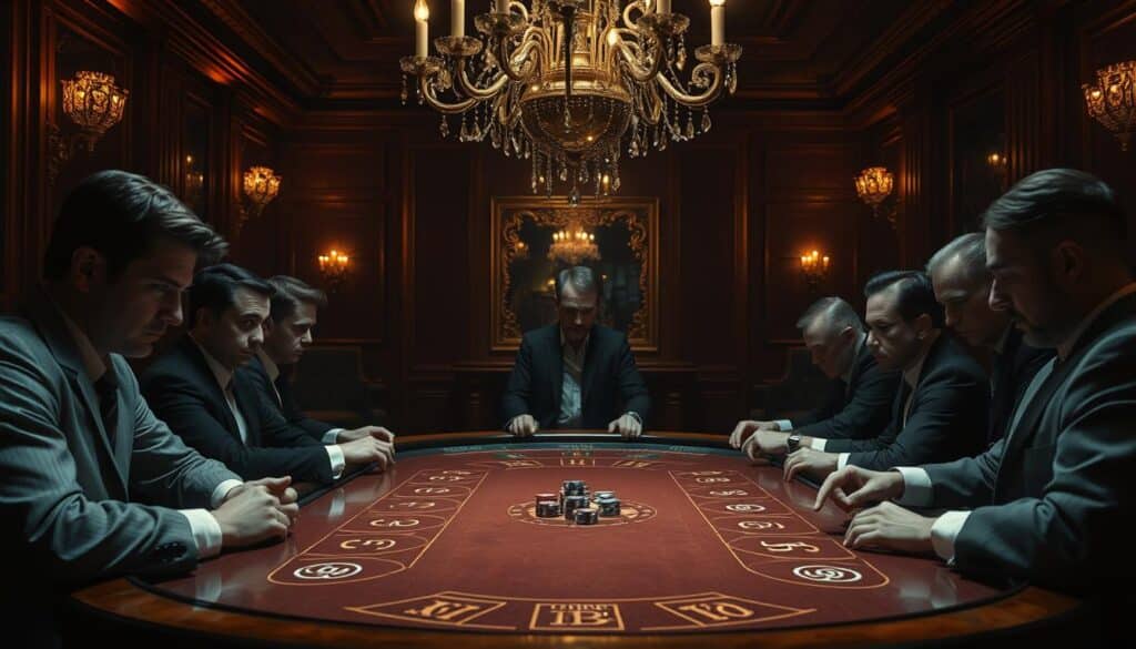 A dimly lit casino interior, with a classic wooden baccarat table at the center. The table is surrounded by serious-faced players, their expressions etched with concentration as they contemplate their next move. Soft, atmospheric lighting casts dramatic shadows, creating a sense of tension and high stakes. In the background, a grand chandelier hangs overhead, reflecting the glint of casino chips and the occasional flash of a card dealt by the croupier. The scene exudes a sense of quiet calculation, where the key to long-term success lies in disciplined strategy, keen observation, and the ability to remain calm under pressure.