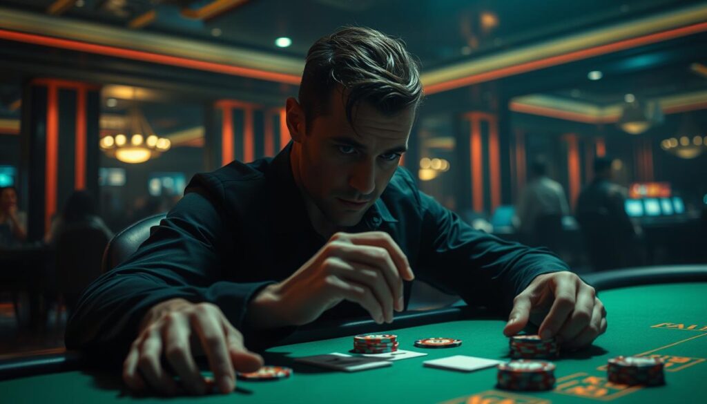A dimly lit casino interior, with a focused player seated at a baccarat table, intently studying the cards and chips before them. The table's green felt surface is illuminated by a single overhead light, casting dramatic shadows across the player's face, revealing their intense concentration. In the background, the muted sounds of shuffling cards and the low murmur of other players can be heard, creating an atmosphere of hushed anticipation. The player's hands move with precision, as they skillfully manipulate the chips, their strategy informed by the careful analysis of probabilities and patterns. The image conveys a sense of mastery, where the player's statistical prowess and disciplined approach have led to their success at the baccarat table.