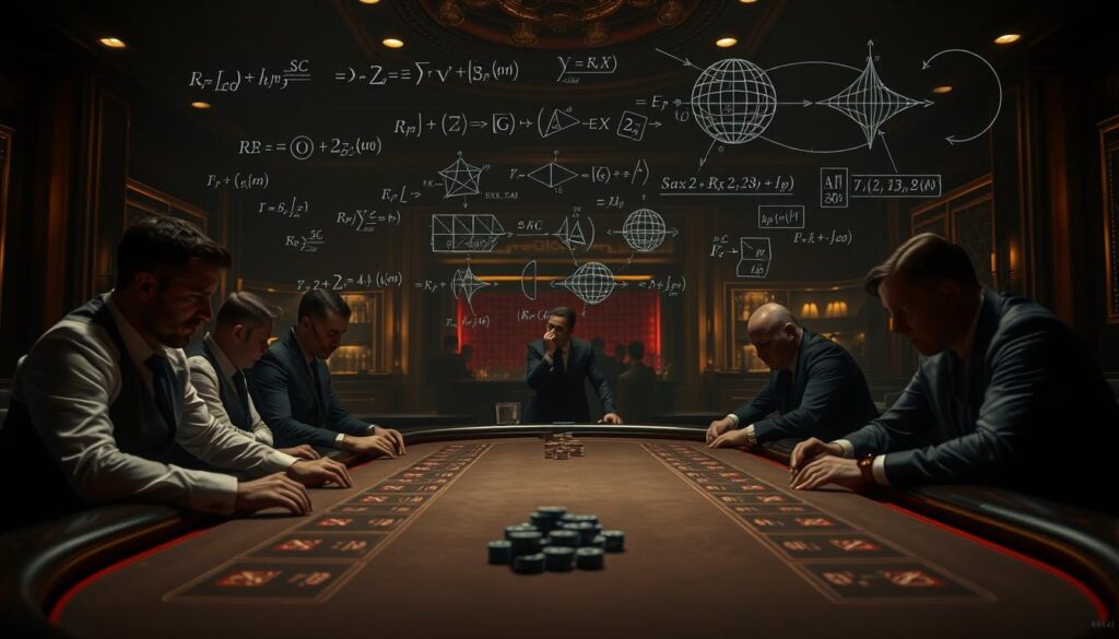 A dimly lit casino interior, with a grand baccarat table at the center. Dealers in crisp uniforms stand poised, while players lean in, expressions intense. The air is thick with anticipation and the faint clink of chips. A series of complex mathematical equations and psychological models hover in the background, illuminating the intricate decision-making process behind the game. Soft lighting creates a sense of drama, highlighting the focus and concentration on the players' faces. The scene conveys the delicate interplay of logic, strategy, and human behavior that defines the art of winning at baccarat.