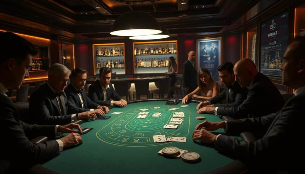 A dimly lit casino interior, with a green felt-covered baccarat table in the foreground. Elegant, well-dressed players sit around the table, focused intently on the cards being dealt. The table is illuminated by a single overhead light, casting dramatic shadows and highlighting the players' expressions of concentration. In the background, a luxurious bar area is visible, with bottles of premium liquor lining the shelves. The atmosphere is one of sophisticated gambling, where the key to winning lies in a methodical, disciplined approach to the game.