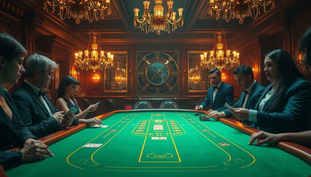 A dimly lit casino interior, with a green felt-covered baccarat table taking center stage. Elegant chandeliers cast a warm glow, casting shadows that accentuate the table's detailed edges. The table is adorned with gold trim, and the felt surface is crisp and pristine. Two dealers stand at opposite ends, their attentive expressions suggesting the game is in progress. Players' hands are visible, holding cards close to their chests, faces intent on the unfolding game. The atmosphere is one of anticipation and strategic contemplation, capturing the essence of the baccarat experience.