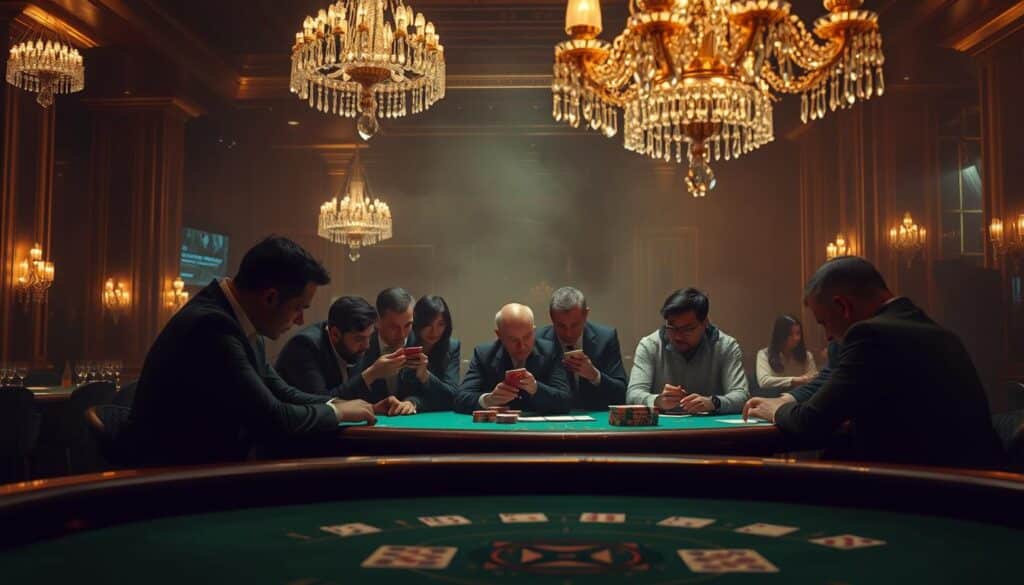 A dimly lit casino interior, with a green-felted baccarat table in the foreground. Elegant crystal chandeliers hang overhead, casting a warm glow across the scene. In the middle ground, a group of players intently study their cards, expressions focused and intense. The background is shrouded in a hazy atmosphere, suggesting the thrill and tension of high-stakes gaming. The overall mood is one of strategic contemplation, as the players strive to maximize their odds of winning.