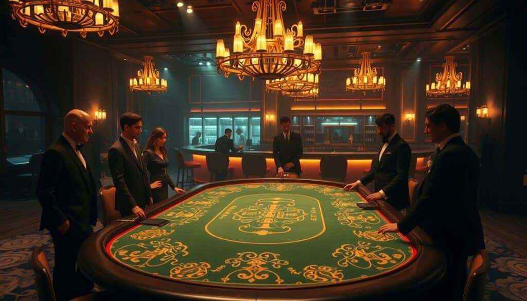 A dimly lit casino interior, with a large baccarat table taking center stage. The tabletop is adorned with a green felt cloth, adorned with intricate golden designs. Ornate chandeliers cast a warm, amber glow over the scene, creating an atmosphere of elegance and high-stakes excitement. Players in formal attire stand around the table, their faces partially obscured by shadows, engaged in the ritual of the game. In the background, a hazy bar area can be seen, further enhancing the sense of old-world opulence. The overall composition evokes the timeless allure of the classic baccarat experience, perfectly capturing the essence of the "百家樂的基本規則" section of the article.