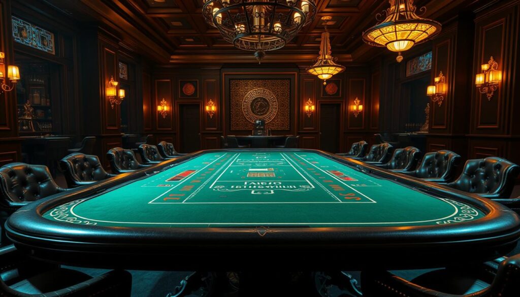 A dimly lit casino interior, with a large ornate table at the center. On the table, a green felt surface with the distinct pattern of a Baccarat (Pai Gow) game, inviting players to try their luck. The table is surrounded by plush leather chairs, creating an atmosphere of elegance and high-stakes gaming. Soft, warm lighting casts a golden glow, accentuating the rich, wood-paneled walls and ornate chandeliers overhead. The scene exudes an air of sophisticated exclusivity, transporting the viewer to the world of traditional casino gaming.