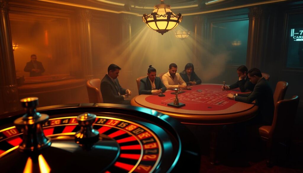 A dimly lit casino interior, with a sense of intrigue and psychological tension. In the foreground, a roulette wheel spins, its hypnotic motion suggestive of the allure and risk of gambling. In the middle ground, a group of players sit at a baccarat table, their expressions intense as they contemplate their next moves. The background is hazy, obscured by the smoke of cigarettes and the muted light, creating an atmosphere of mystery and chance. The scene is lit by a warm, amber-toned lighting that casts dramatic shadows, heightening the sense of psychological depth and complexity inherent in the art of gambling.
