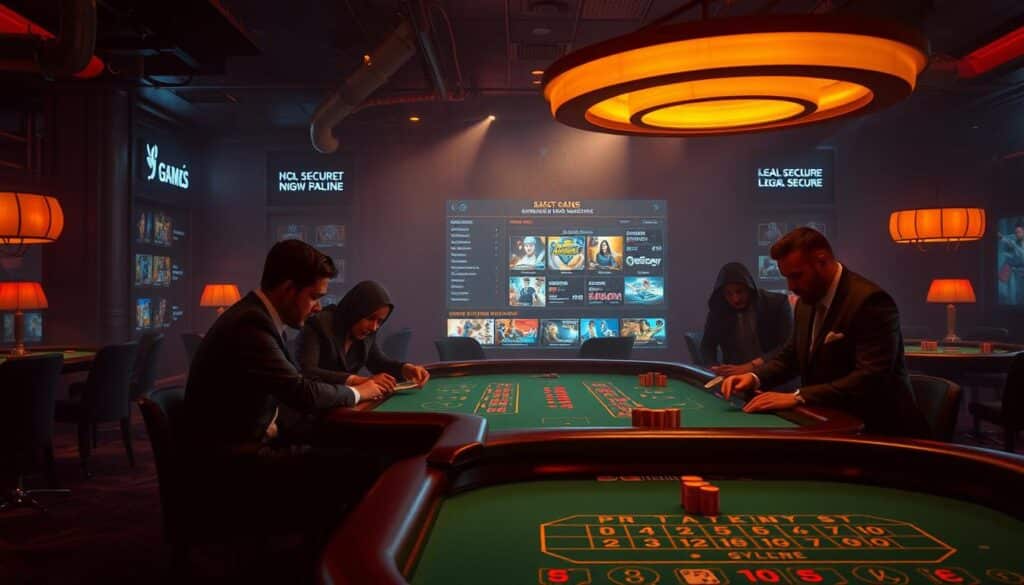 A dimly lit casino interior, with a sense of mystery and sophistication. In the foreground, a high-stakes baccarat table, the green felt complemented by the warm glow of table lamps. Smartly dressed players lean in, focused on the cards and chips. In the middle ground, a large screen displays gaming options and platform details, showcasing the breadth of offerings. The background is hazy, evoking a sense of exclusivity and high-roller ambiance, with subtle branding elements that convey the platform's legal and secure status. Soft shadows, depth of field, and a cinematic color palette create an alluring, high-end atmosphere.