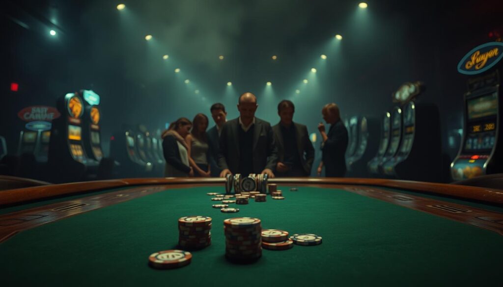 A dimly lit casino interior, with a wooden gaming table in the foreground. The table is adorned with green felt, with various casino chips scattered across its surface. In the middle ground, a group of casino patrons are intently studying the table, their faces partially obscured by shadows. The background is hazy, with the faint outlines of slot machines and other gaming equipment visible. The lighting is soft and moody, creating a sense of anticipation and strategic contemplation. The overall atmosphere conveys the careful, considered approach to selecting a betting strategy in a high-stakes casino environment.
