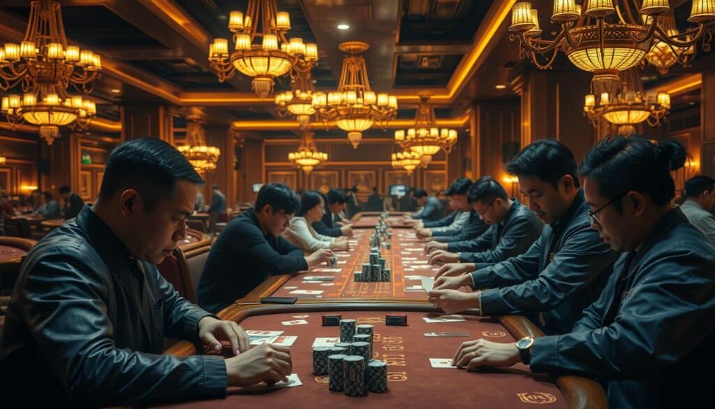 A dimly lit casino interior, with rows of baccarat tables bathed in a warm, golden glow. Elegant chandeliers cast a soft light across the polished wood surfaces, where players intently study their cards, faces intense with concentration. In the background, the faint sounds of shuffling chips and hushed conversations create an air of anticipation. The scene captures the strategic essence of the baccarat game, where seasoned Taiwanese players employ carefully honed tactics to maximize their odds of success, immersed in the thrill of the high-stakes table.