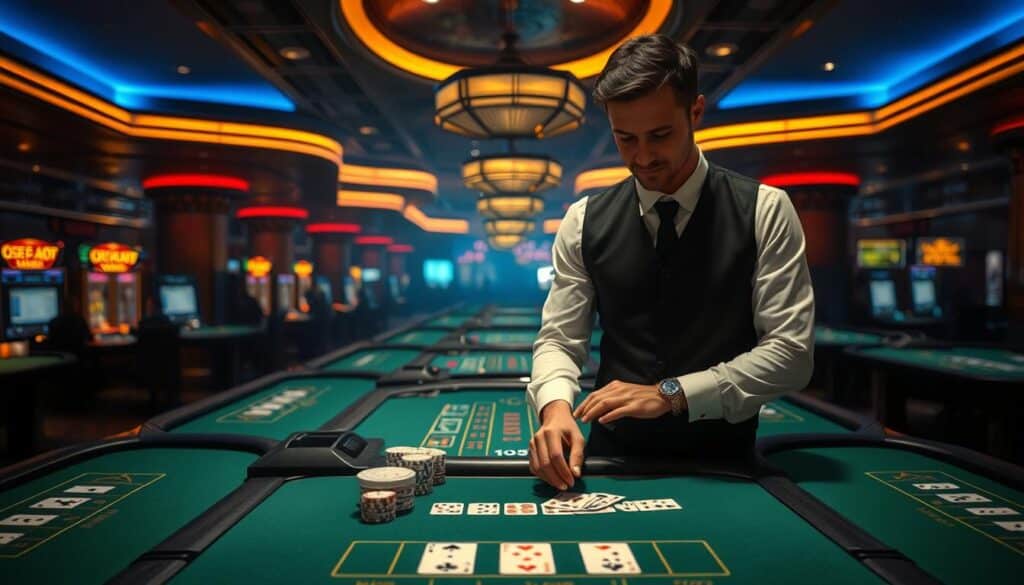 A dimly lit casino interior, with rows of baccarat tables illuminated by warm, subdued lighting. The tables are adorned with green felt surfaces, chips, and cards arranged with precision. In the foreground, a dealer in a crisp white shirt and black vest stands ready, their hands expertly manipulating the cards. The background is hazy, suggesting the bustling atmosphere of the casino, but the focus remains on the methodical calculation of odds and probabilities taking place at the table. The scene conveys a sense of strategic decision-making and mathematical analysis, reflecting the analytical nature of the subject matter.