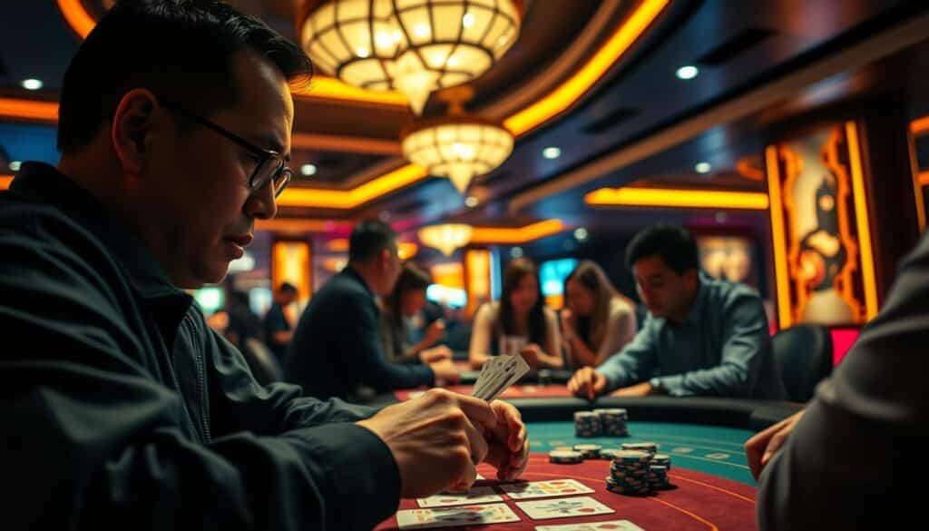 A dimly lit casino interior, with the focused expressions of Taiwan baccarat players illuminated by the warm glow of gaming tables. In the foreground, a seasoned player intently studying the cards, calculating their next move with unwavering concentration. In the middle ground, a group of friends engaged in lively discussions, sharing their strategies and experiences. The background subtly hints at the bustling atmosphere, with the faint sounds of chips clinking and the muted chatter of other patrons. The scene is captured with a cinematic, low-angle perspective, emphasizing the intensity and immersion of the baccarat gaming experience.