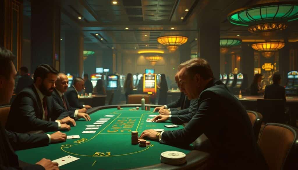 A dimly lit casino interior, with the grand baccarat table as the focal point. The table is surrounded by well-dressed players, their faces partially obscured by the low lighting, creating an air of mystery and anticipation. The table is adorned with elegant green felt, and the cards and chips are meticulously positioned, hinting at the strategic gameplay unfolding. In the background, glimpses of other gaming tables and the occasional flashing of slot machines can be seen, adding to the overall atmosphere of a thriving casino. Soft, warm lighting illuminates the scene, casting subtle shadows and highlighting the players' concentrated expressions as they carefully consider their next moves. The mood is one of intense focus, where the pursuit of Lady Luck and the mastery of baccarat strategy converge.