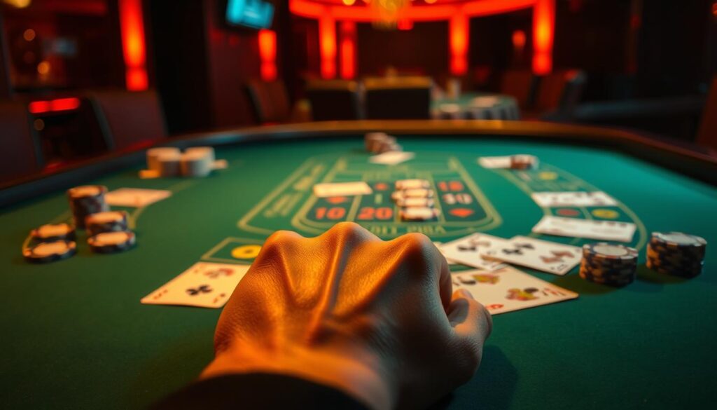 A dimly lit casino table, bathed in a warm, amber glow. On the green felt surface, playing cards and casino chips are neatly arranged, hinting at a game of Baccarat in progress. In the foreground, a single hand rests calmly on the table, fingers poised, exuding a sense of focus and control. The background is softly blurred, drawing the viewer's attention to the psychological aspect of the game - the ability to maintain composure, read subtle cues, and make strategic decisions. The overall atmosphere is one of quiet contemplation, evoking the cerebral nature of the game and the importance of mental fortitude in navigating its complexities.