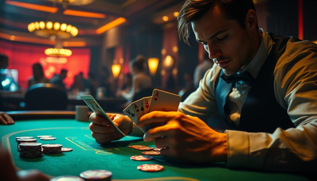 A dimly lit casino table, the green felt casting a warm glow. Elegant hands expertly manipulate playing cards, weaving a strategic dance of probability and intuition. The player's face is focused, eyes narrowed in concentration, their body language conveying a sense of mastery. In the background, the hum of chatter and the faint sound of chips clinking creates an atmosphere of immersion. Dramatic lighting casts dramatic shadows, heightening the sense of tension and anticipation. The camera angle is slightly elevated, capturing the scene from an observational perspective, allowing the viewer to witness the high-stakes gameplay unfold. This is the essence of an efficient, high-performance Baccarat gaming strategy.