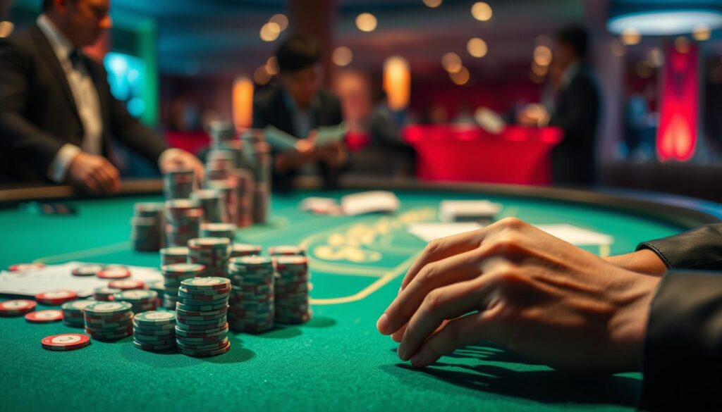 A dimly lit casino table, the green felt casting a warm glow. Stacks of chips in various denominations sit neatly, awaiting strategic placement. The dealer's hands shuffle the cards with practiced precision, their movements hypnotic. In the foreground, a pair of hands carefully count and rearrange the chips, a look of calculated concentration on the player's face. The background fades into a blurred atmosphere of anticipation, the gentle murmur of conversation and the subtle click of chips punctuating the scene. The image conveys the importance of disciplined bankroll management, a crucial element in navigating the thrilling yet unpredictable world of baccarat.