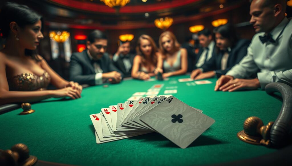 A dimly lit casino table, the green felt shimmering under soft lighting. Surrounding the table, elegant casino patrons engage in the captivating game of Baccarat, their faces focused and intent. In the foreground, playing cards are fanned out, showcasing the iconic suits and values that define the strategic gameplay. The table's edge is adorned with ornate fixtures, hinting at the luxurious atmosphere. A sense of anticipation and calculated risk permeates the scene, as players weigh their options and devise their Baccarat strategies. The composition captures the essence of this time-honored casino game, inviting the viewer to immerse themselves in the thrilling world of Baccarat.