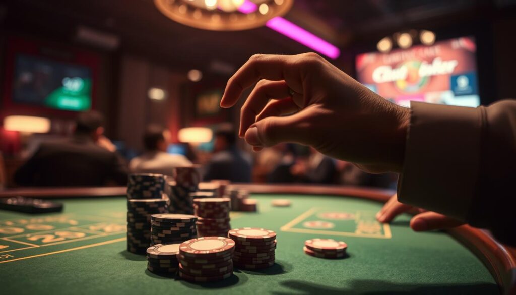 A dimly lit casino table, the green felt shimmering under soft, warm lighting. On the table, casino chips in various denominations are neatly stacked, conveying a sense of strategy and focus. In the foreground, a player's hand hovers over the chips, poised to make a calculated move. The background is blurred, drawing the viewer's attention to the decision-making process at hand. The overall atmosphere is one of concentration, calculated risk, and the thrill of the game of baccarat.