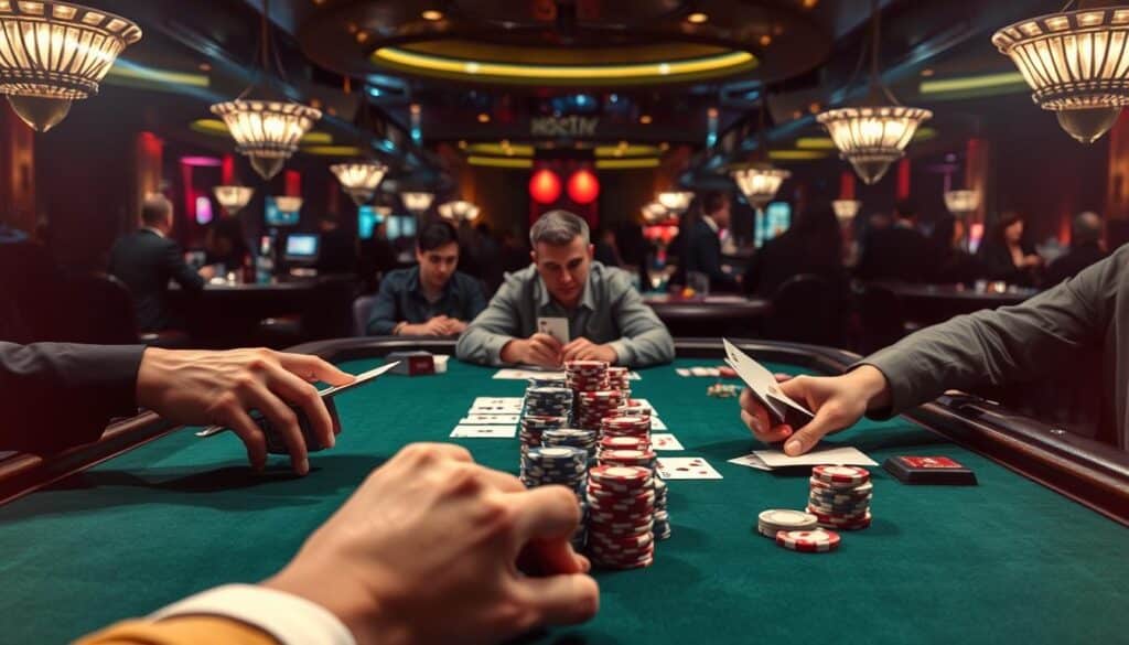 A dimly lit casino table, the green felt shimmering under the soft glow of overhead lamps. Stacks of chips in various denominations sit neatly arranged, awaiting the players' bets. In the foreground, a dealer's hands expertly shuffle and deal the cards, their movements precise and calculated. The middle ground features a group of poker-faced players, their expressions neutral as they contemplate their next move. In the background, the hazy outline of other gaming tables and patrons can be seen, creating a sense of immersion and activity within the casino atmosphere. The scene conveys a sense of anticipation and strategic decision-making, reflecting the nuances of long-term and short-term gameplay in the game of Baccarat.