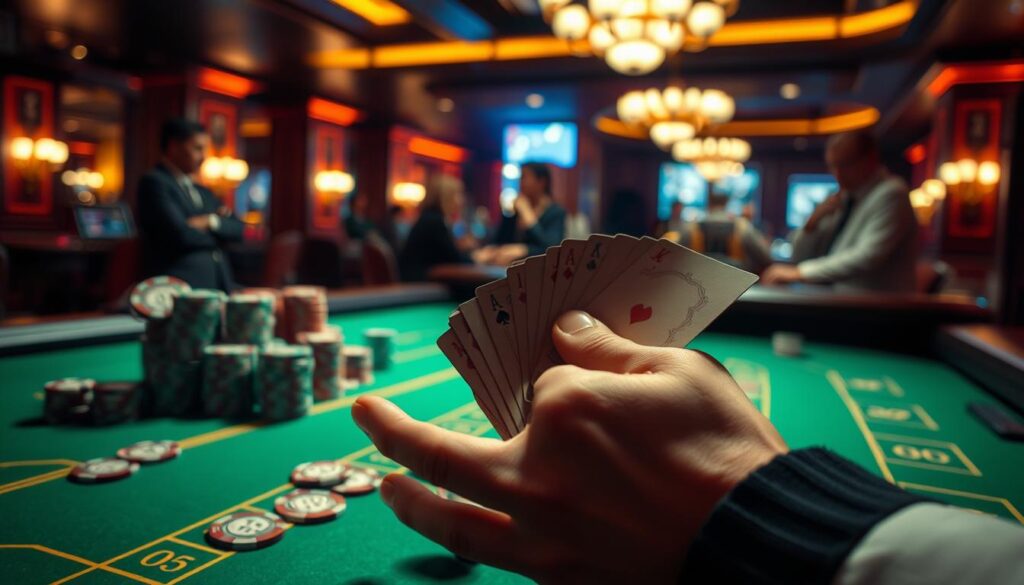 A dimly lit casino table, the green felt surface accentuated by the warm glow of overhead lighting. Stacks of casino chips in various denominations are neatly arranged, hinting at the strategic approach to baccarat betting. A player's hand, holding a few cards, is the focal point, their expression contemplative as they consider their next move. The background is a blur of activity, with other players and dealers engaged in the thrilling game of chance. The scene conveys a sense of focus, concentration, and the calculated application of a betting strategy in the pursuit of baccarat success.