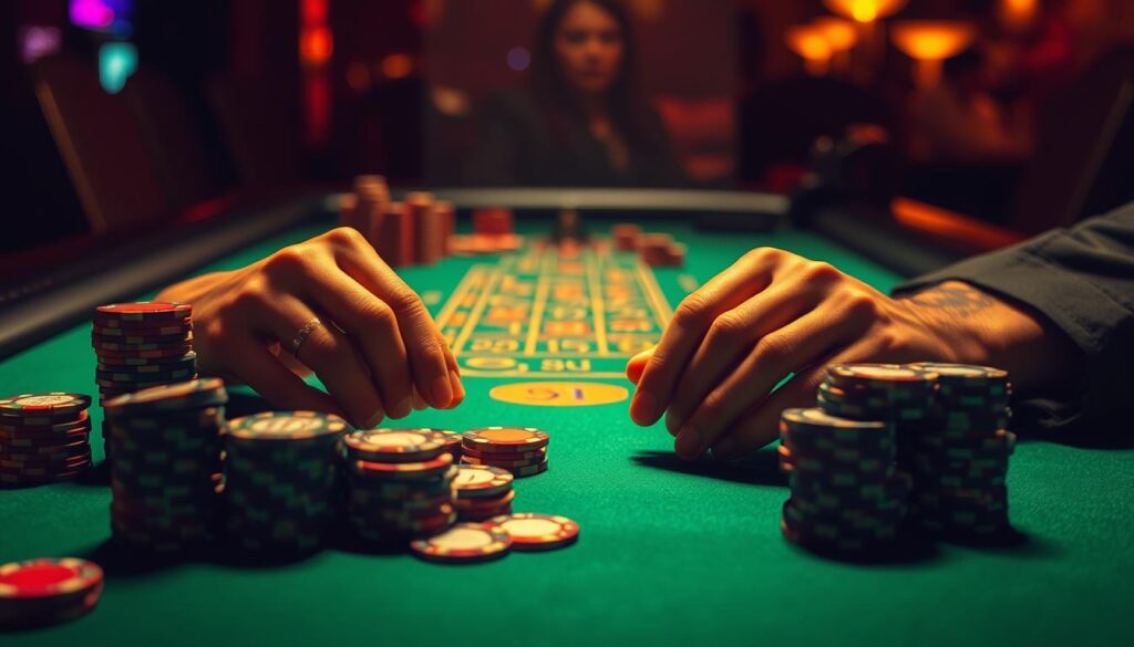 A dimly lit casino table, the green felt surface casting an ethereal glow. Stacks of casino chips in various denominations sit neatly arranged, each one a testament to the intricate strategies employed by the seasoned gambler. In the foreground, a pair of hands thoughtfully manipulate the chips, contemplating the next move. The scene is bathed in a warm, amber light, creating an atmosphere of concentration and intensity. The background is slightly blurred, drawing the viewer's focus to the central tableau - the analysis of betting patterns and the pursuit of an advantage in the game of Baccarat.