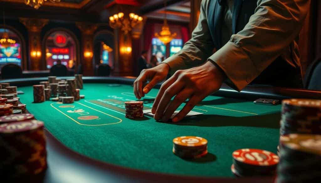 A dimly lit casino table, the green felt surface gleaming under the soft, warm lighting. Stacks of casino chips in various denominations are neatly arranged, their colors creating a captivating visual pattern. In the foreground, a dealer's hands skillfully manipulate the cards, their movements precise and calculated. The table is framed by the ornate, classic architecture of the casino, hinting at the rich history and atmosphere of the establishment. The overall scene exudes a sense of mystery, strategy, and the thrill of gaming, perfectly capturing the essence of the "百家樂" game and its allure.