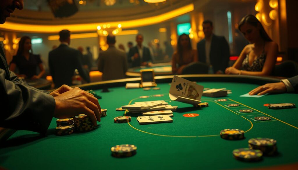 A dimly lit casino table, the green felt surface gleaming under warm, golden lighting. In the foreground, a dealer's hands deftly shuffles and deals a deck of cards, the rhythmic motion commanding attention. On the table, a neat array of betting chips in various denominations, each one a testament to the careful strategy of the players. In the background, the hazy silhouettes of onlookers, their expressions intense as they observe the unfolding game. The atmosphere is one of quiet intensity, a dance of calculated risks and potential rewards, where the mastery of baccarat strategy is the key to success.