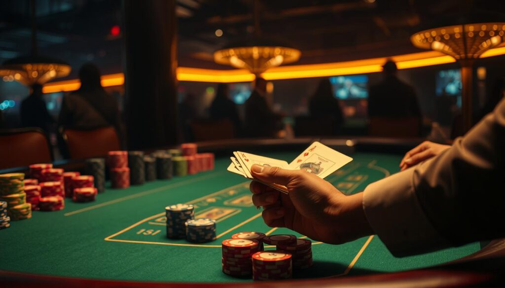 A dimly lit casino table, the green felt surface gleaming under warm, intimate lighting. Rows of casino chips in various denominations are neatly stacked, their colors reflecting the subdued hues of the scene. In the foreground, a dealer's hands deftly shuffles a deck of cards, their movements precise and experienced. The background is shrouded in shadows, creating a sense of mystery and anticipation. The overall atmosphere is one of quiet contemplation, where the players must rely on their skill, strategy, and intuition to navigate the complexities of the baccarat game.