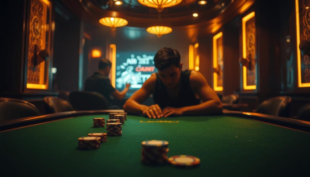 A dimly lit casino table, the green felt surface glistening under warm, golden lighting. Poker chips of various denominations are scattered across the table, their colors contrasting against the dark mahogany wood. A lone player, their face obscured by shadows, leans forward intently, their body language reflecting deep concentration and emotional control. The atmosphere is tense, with a sense of calculated risk and strategic decision-making palpable in the air. The image conveys the importance of emotional management in high-stakes gaming, where a player's ability to remain calm and focused can make the difference between triumph and defeat.