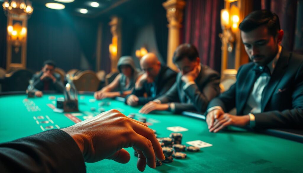 A dimly lit casino table, the green felt surface glowing under soft overhead lights. Seated players, their faces shrouded in shadows, engage in an intense game of Baccarat. The air is thick with concentration, each move calculated, each glance laden with unspoken strategy. In the foreground, a player's hand hovers over the betting chips, the weight of their decision palpable. The background fades into a blur of gilded accents and velvet curtains, creating an atmosphere of high-stakes exclusivity. The scene evokes the psychological warfare inherent in this timeless game of chance, where the true victory lies in the mastery of one's own mind.