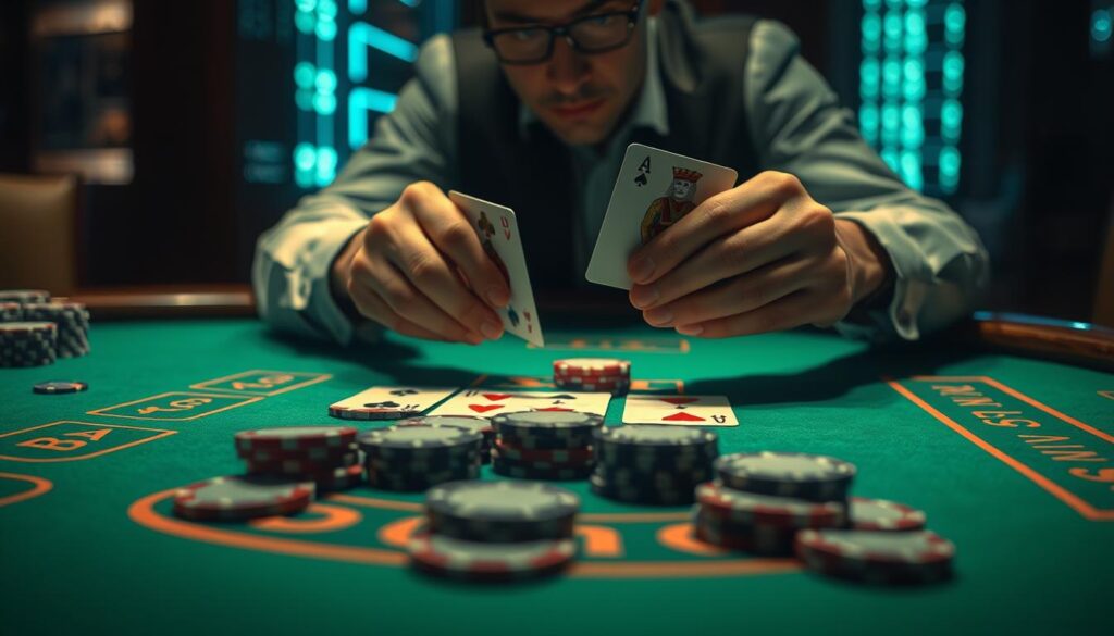 A dimly lit casino table, the green felt surface illuminated by soft ambient lighting. Experienced hands expertly manipulate casino chips, carefully tallying card values in a complex mental calculation. The table features a classic baccarat layout, with elegant wooden accents and a sense of concentration and intensity in the air. The player's face is obscured, but their body language conveys a deep focus, as they meticulously execute the strategic counting techniques of the "baccarat card counting" approach. The scene evokes the thrill and challenge of mastering this classic casino game through disciplined, analytical play.