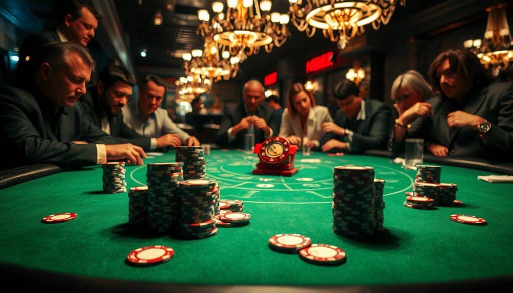 A dimly lit casino table, the green felt surface illuminated by the soft glow of overhead chandeliers. Clusters of casino chips in varying denominations sit atop the table, arranged in neat piles, each representing a different betting strategy. The table is surrounded by a group of poker-faced gamblers, their expressions focused and intense as they study the cards and consider their next move. In the background, the faint sounds of shuffling cards and the low murmur of conversation create an atmosphere of anticipation and strategic contemplation. The image conveys the analytical and thoughtful approach to betting, highlighting the importance of understanding the dynamics of the game and making calculated decisions to increase the chances of success.