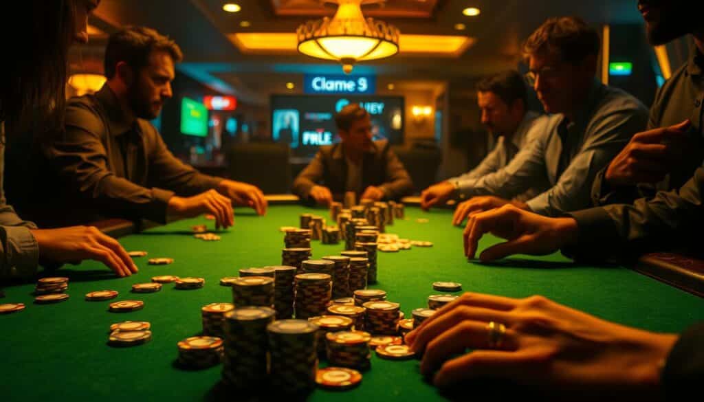 A dimly lit casino table, the green felt surface illuminated by warm, golden lighting. Poker chips of varying denominations are scattered across the table, some stacked neatly, others haphazardly arranged. Players' hands are visible, their expressions tense as they contemplate their next move. The camera angles capture the intensity of the moment, highlighting the subtle shifts in body language and the fleeting glances exchanged between the participants. The scene evokes a sense of suspense and psychological maneuvering, reflecting the strategic nature of the game and the underlying human drama.