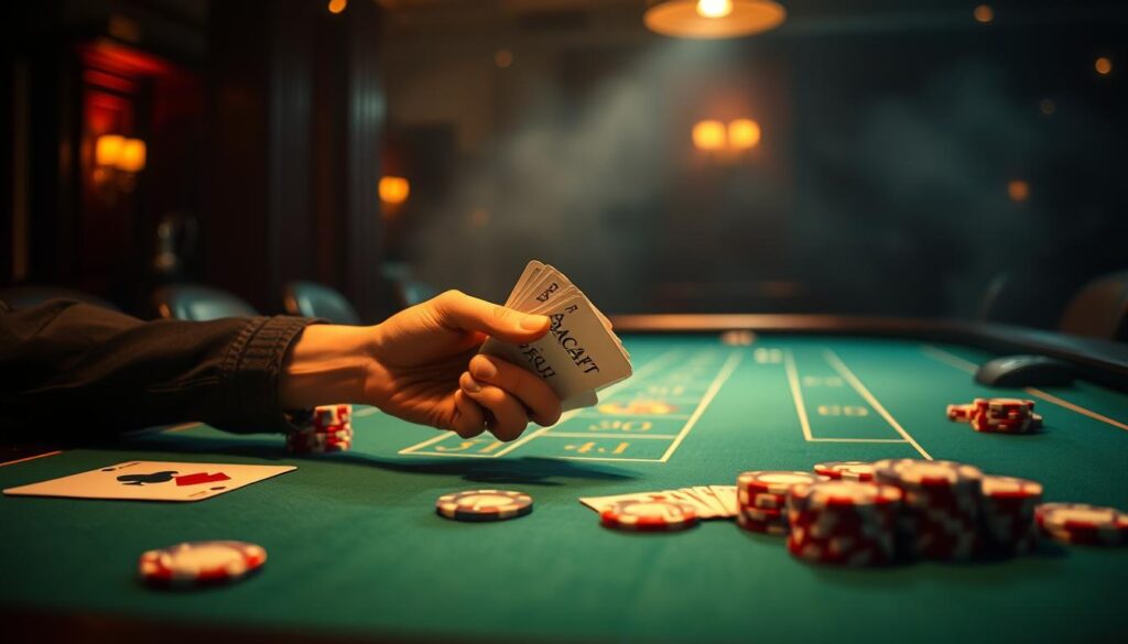 A dimly lit casino table, the green felt surface illuminated by warm overhead lighting, casting subtle shadows. On the table, classic casino chips in various denominations are neatly arranged, representing the fundamental elements of the baccarat game. In the foreground, a pair of hands delicately shuffle a deck of cards, the motion captured in a shallow depth of field. The background is hazy, suggesting the hushed atmosphere of a high-stakes gaming environment. An air of anticipation and strategy permeates the scene, encapsulating the core principles of baccarat gameplay.