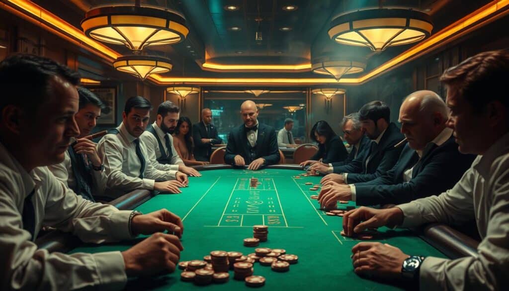 A dimly lit casino table, the green felt surface illuminated by warm overhead lighting. Dealers in crisp uniforms stand at the ready, their faces etched with a calculated calm. Around the table, players lean in, their expressions a mix of concentration and cautious optimism. The air is thick with the scent of cigars and the soft murmur of conversation, punctuated by the occasional clatter of chips. In the background, a sense of tension and risk management permeates the scene, as experienced gamblers navigate the delicate balance of baccarat strategy and risk control.