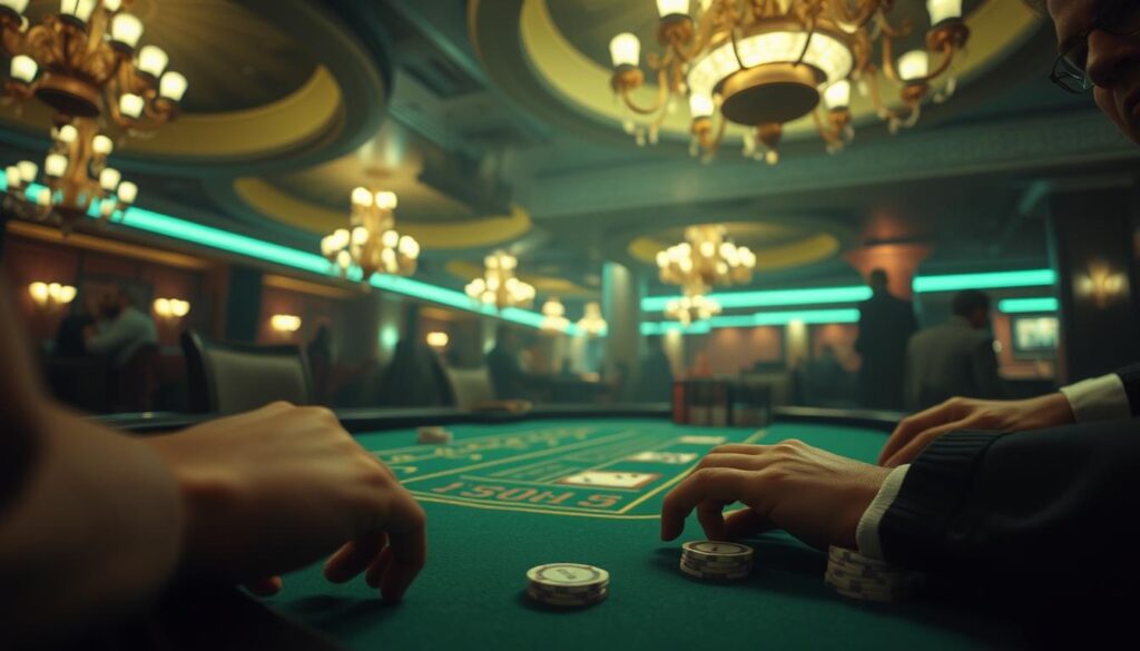 A dimly lit casino table, the green felt surface reflecting the soft glow of overhead chandeliers. Stacks of casino chips in various denominations sit neatly arranged, while a player's hand hesitates over the betting area, contemplating their next move. The atmosphere is tense, with a hint of unease as the player's expression conveys a sense of confusion or uncertainty. The camera angle captures the table from a low, almost intimate perspective, drawing the viewer into the moment of the critical betting decision. Soft shadows and muted tones create a moody, cinematic feel, evoking the high-stakes tension of the 百家樂 game.