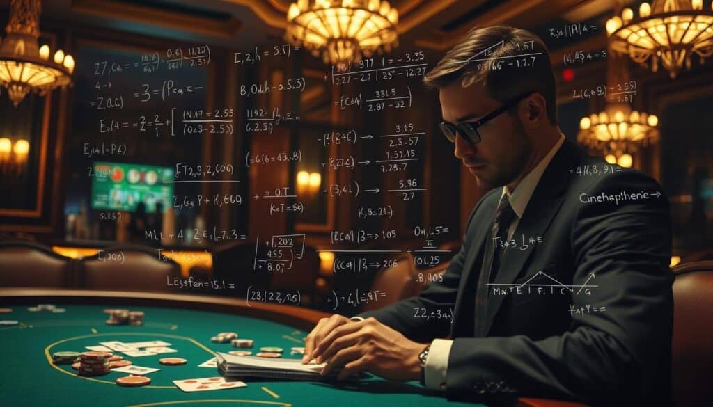 A dimly lit casino table, the green felt surface reflecting the warm glow of overhead chandeliers. Cards and chips are scattered, as a mathematician in a crisp suit intently studies the probabilities and patterns governing the game of Baccarat. Precise formulas and algorithms are scrawled on a transparent overlay, revealing the underlying mathematical principles that can be leveraged to influence the outcome. The atmosphere is one of intellectual contemplation, where the players harness the power of numbers to gain an edge over the house. Subtle lighting accentuates the concentration on the mathematician's face, as the camera captures this intersection of mathematical theory and the thrilling world of high-stakes gambling.