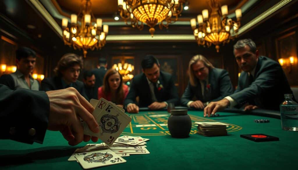 A dimly lit casino table, the green felt surface reflecting the warm glow of overhead chandeliers. In the foreground, the iconic baccarat cards, their edges crisp and their faces adorned with intricate designs, are meticulously arranged. The dealer's hands, steady and experienced, shuffle the deck with practiced precision. In the background, a group of players lean in, their expressions intense as they study the unfolding game, seeking the elusive strategies to tip the odds in their favor. The atmosphere is one of calculated risk and the thrill of the unknown, captured in a moody, atmospheric scene that encapsulates the essence of the baccarat gameplay.