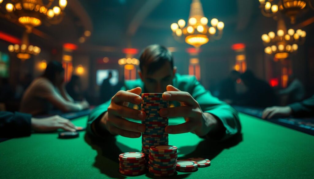 A dimly lit casino table, the green felt surface reflecting the warm glow of overhead chandeliers. In the foreground, a player's hands hold a stack of colorful poker chips, their face obscured by the shadow cast from the table's edge. The background is hazy, with blurred silhouettes of other gamblers engrossed in the game, creating a sense of anticipation and tension. The lighting creates a moody, atmospheric scene, evoking the psychological experience of the gambler, the thrill of risk, and the allure of potential reward.